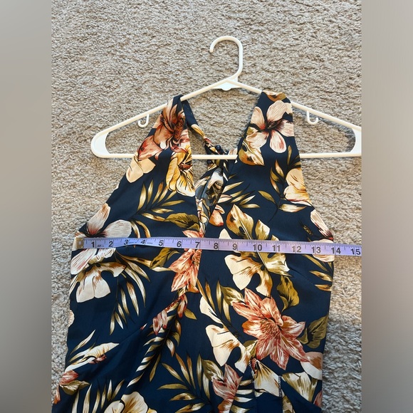 JJ's House Ruffles Floral Halter Trumpet Satin Asymmetrical Midi Dress - Picture 2 of 11